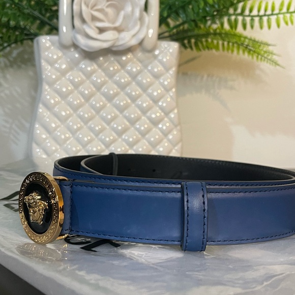 NWT Versace Cobalt Blue Leather Belt with Gold Medusa - Picture 8 of 8